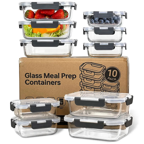 10-Piece Glass Meal Prep Containers with Airtight Locking Lids – BPA-Free Borosilicate Food Storage Containers, Leakproof, Stackable, Microwave, Oven, Freezer & Dishwasher Safe