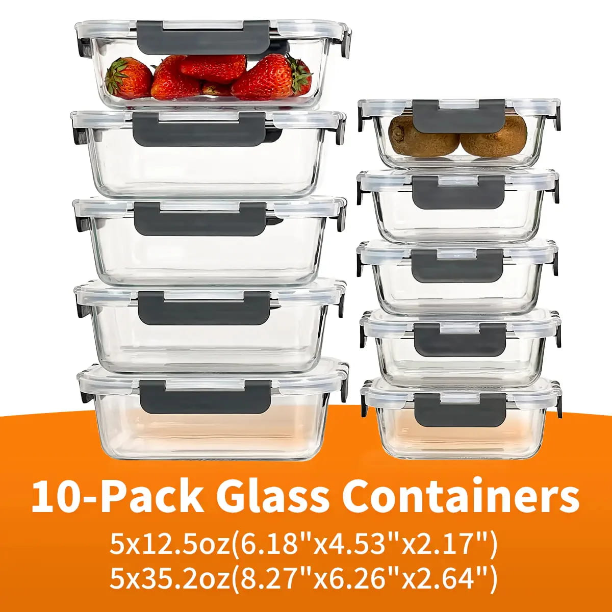 10-Piece Glass Meal Prep Containers with Airtight Locking Lids – BPA-Free Borosilicate Food Storage Containers, Leakproof, Stackable, Microwave, Oven, Freezer & Dishwasher Safe