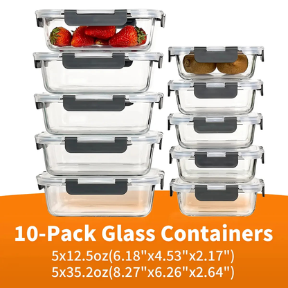 10-Piece Glass Meal Prep Containers with Airtight Locking Lids – BPA-Free Borosilicate Food Storage Containers, Leakproof, Stackable, Microwave, Oven, Freezer & Dishwasher Safe