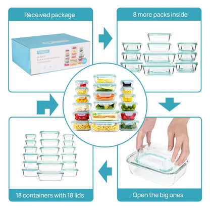 18-Piece Glass Meal Prep Containers with Airtight Locking Lids
