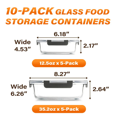 10-Piece Glass Meal Prep Containers with Airtight Locking Lids – BPA-Free Borosilicate Food Storage Containers, Leakproof, Stackable, Microwave, Oven, Freezer & Dishwasher Safe