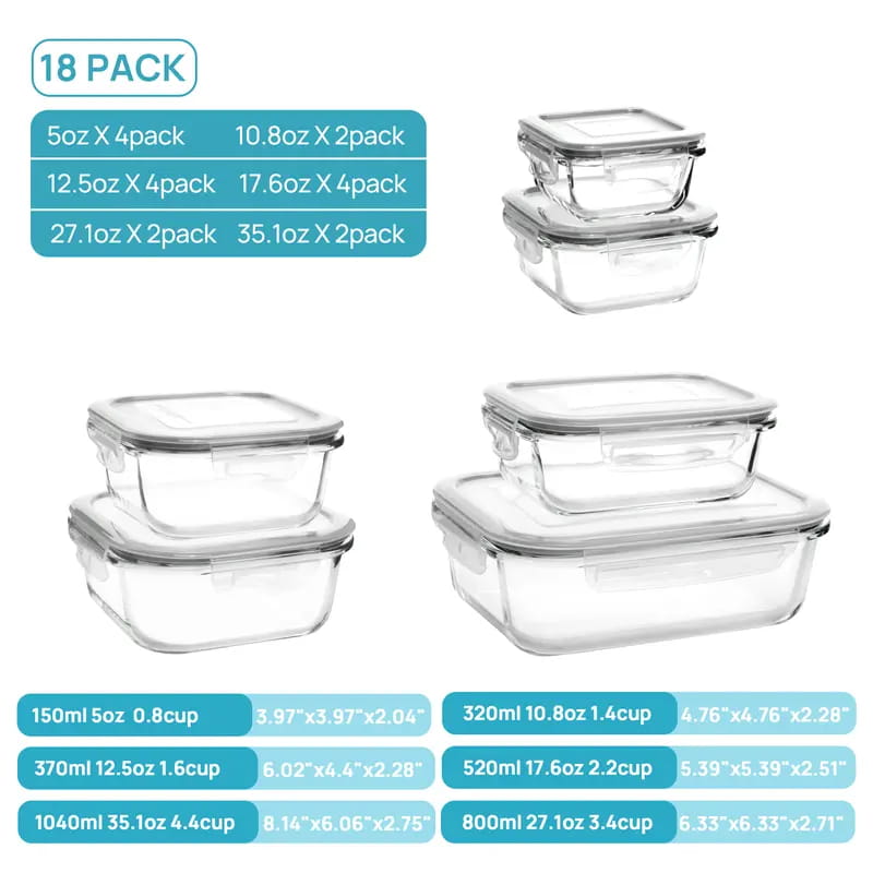 18-Piece Glass Meal Prep Containers with Airtight Locking Lids
